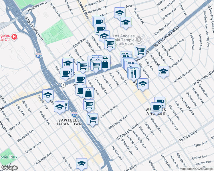 map of restaurants, bars, coffee shops, grocery stores, and more near 1861 Veteran Avenue in Los Angeles
