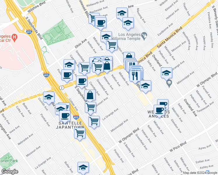 map of restaurants, bars, coffee shops, grocery stores, and more near 1861 Veteran Avenue in Los Angeles