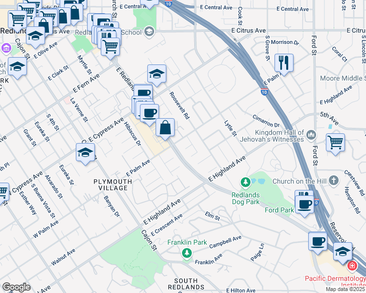 map of restaurants, bars, coffee shops, grocery stores, and more near 808 Orchard Drive in Redlands
