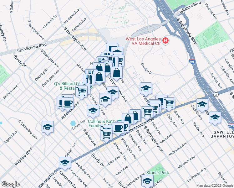 map of restaurants, bars, coffee shops, grocery stores, and more near 11701 Texas Avenue in Los Angeles