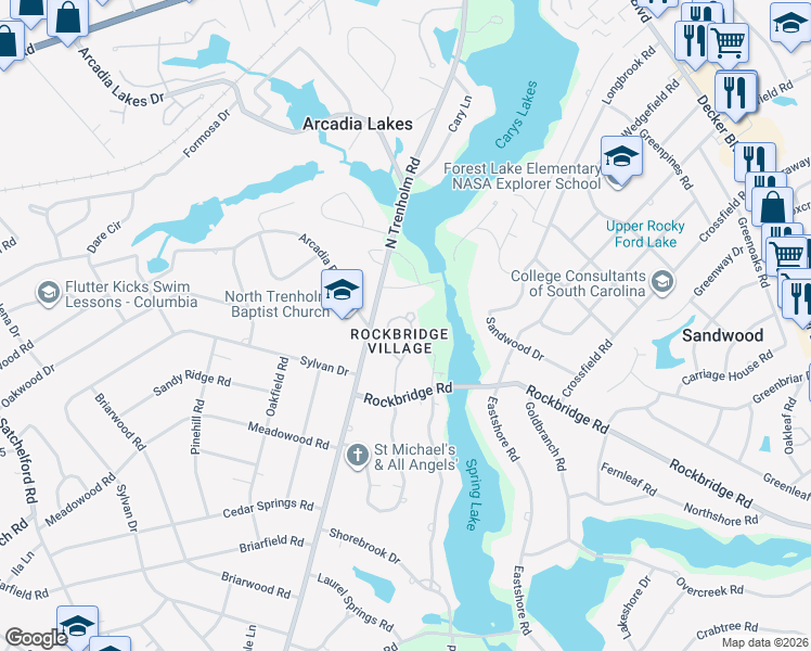map of restaurants, bars, coffee shops, grocery stores, and more near 145 Mayhaw Drive in Columbia