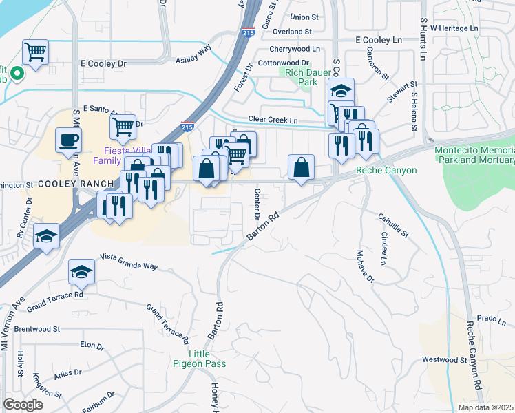 map of restaurants, bars, coffee shops, grocery stores, and more near Center Drive in Colton