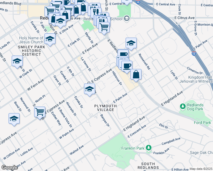 map of restaurants, bars, coffee shops, grocery stores, and more near 638 Cypress Circle in Redlands