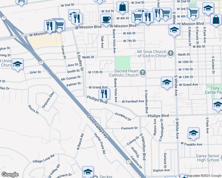 map of restaurants, bars, coffee shops, grocery stores, and more near 1332 West Grand Avenue in Pomona