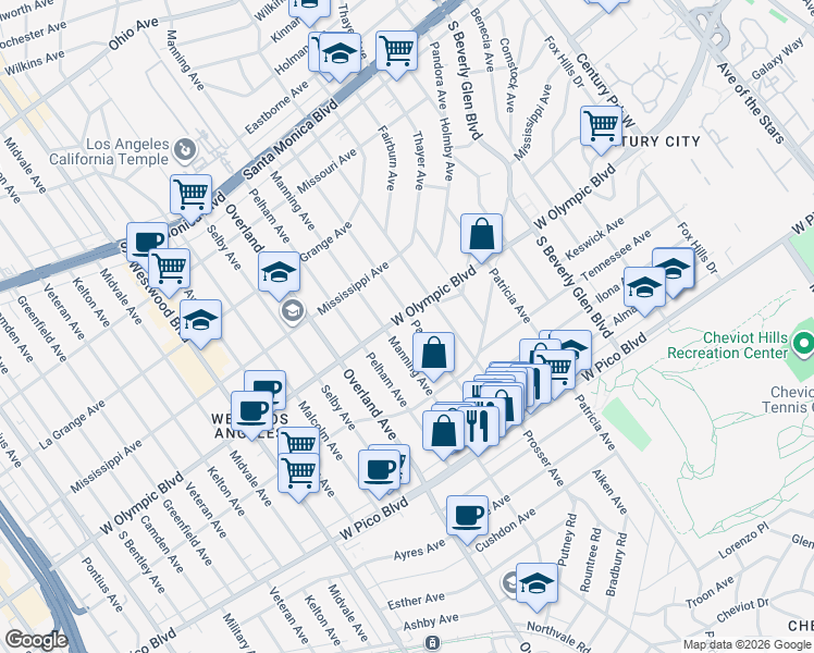 map of restaurants, bars, coffee shops, grocery stores, and more near 2207 Parnell Avenue in Los Angeles
