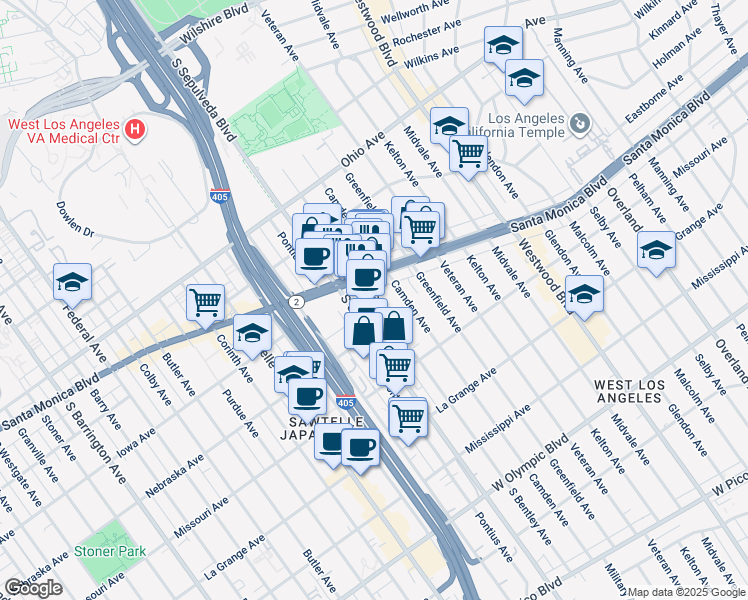map of restaurants, bars, coffee shops, grocery stores, and more near 1726 South Bentley Avenue in Los Angeles
