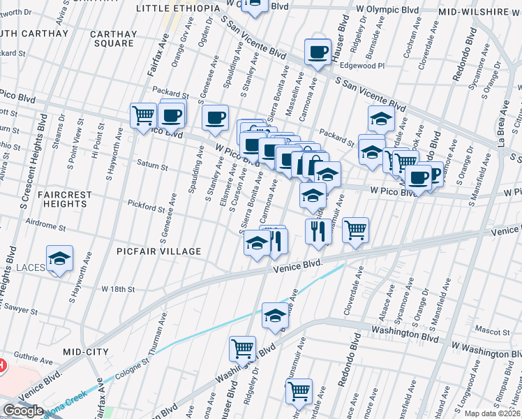map of restaurants, bars, coffee shops, grocery stores, and more near 1519 Carmona Avenue in Los Angeles