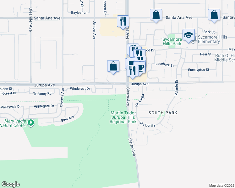 map of restaurants, bars, coffee shops, grocery stores, and more near 11365 Olive Circle in Fontana