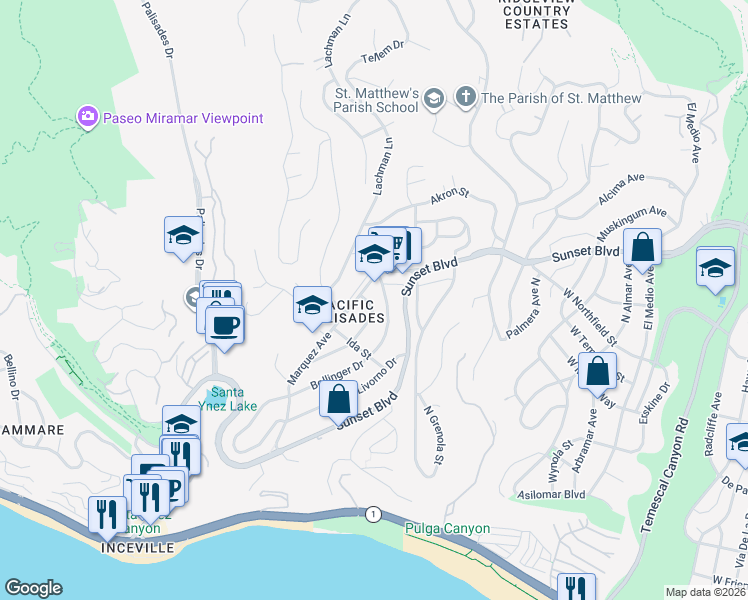 map of restaurants, bars, coffee shops, grocery stores, and more near 16738 Edgar Street in Los Angeles