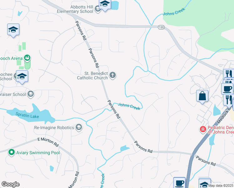 map of restaurants, bars, coffee shops, grocery stores, and more near 11025 Parsons Road in Duluth