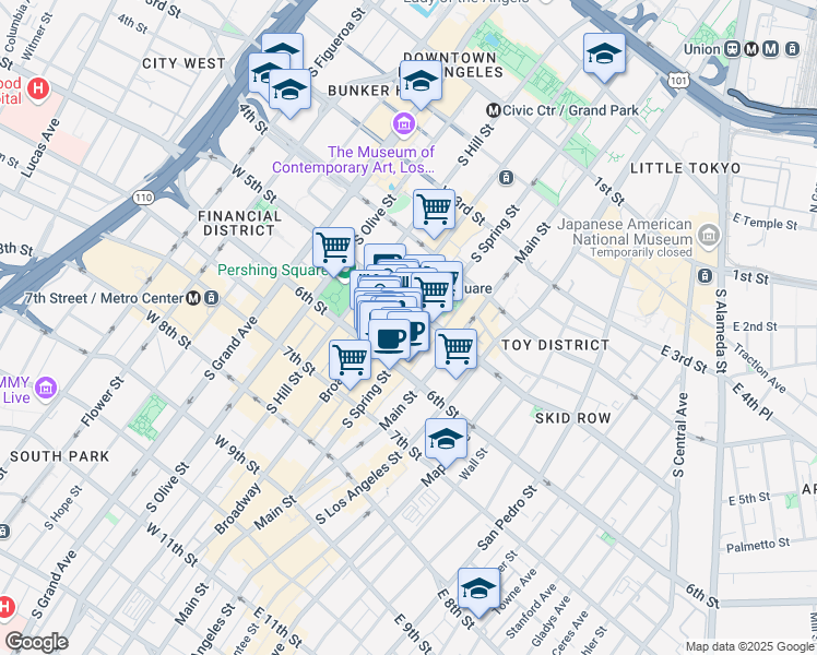 map of restaurants, bars, coffee shops, grocery stores, and more near 501 South Spring Street in Los Angeles