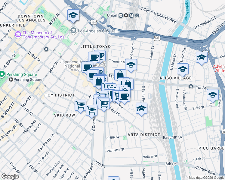 map of restaurants, bars, coffee shops, grocery stores, and more near 598 East 2nd Street in Los Angeles