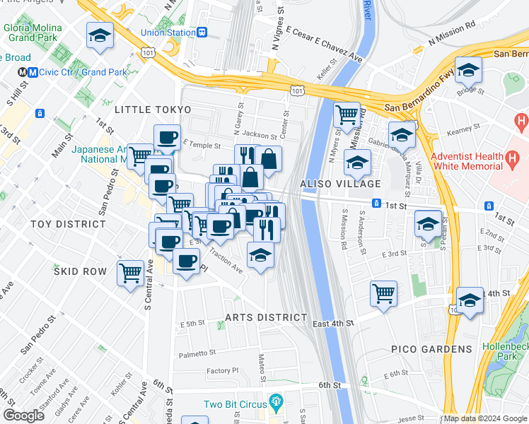 map of restaurants, bars, coffee shops, grocery stores, and more near 1815 East 2nd Street in Los Angeles