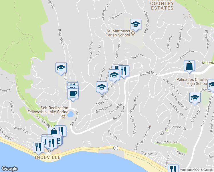 map of restaurants, bars, coffee shops, grocery stores, and more near 16761 Marquez Terrace in Los Angeles
