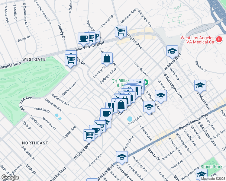 map of restaurants, bars, coffee shops, grocery stores, and more near 11977 Kiowa Avenue in Los Angeles