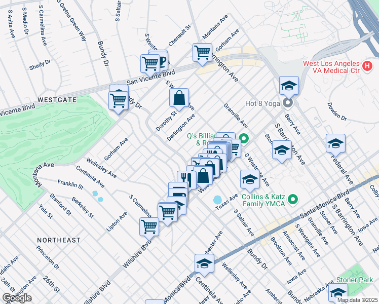 map of restaurants, bars, coffee shops, grocery stores, and more near 11977 Kiowa Avenue in Los Angeles