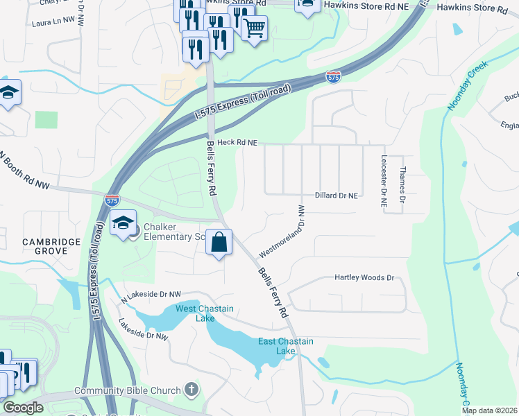 map of restaurants, bars, coffee shops, grocery stores, and more near 3903 Lansing Court Northwest in Kennesaw