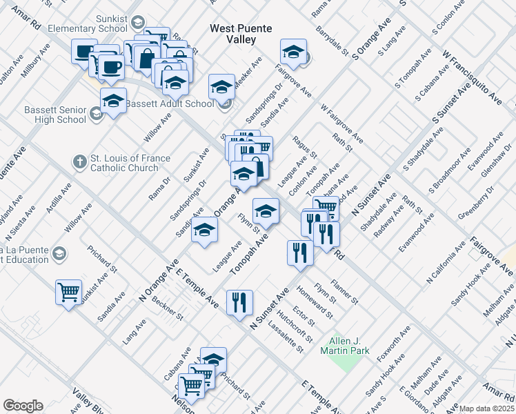 map of restaurants, bars, coffee shops, grocery stores, and more near 14407 Flanner Street in La Puente