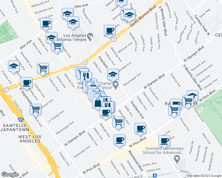 map of restaurants, bars, coffee shops, grocery stores, and more near 2041 Selby Avenue in Los Angeles