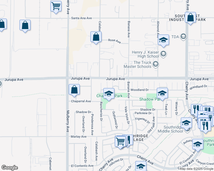 map of restaurants, bars, coffee shops, grocery stores, and more near 11322 Oakwood Drive in Fontana