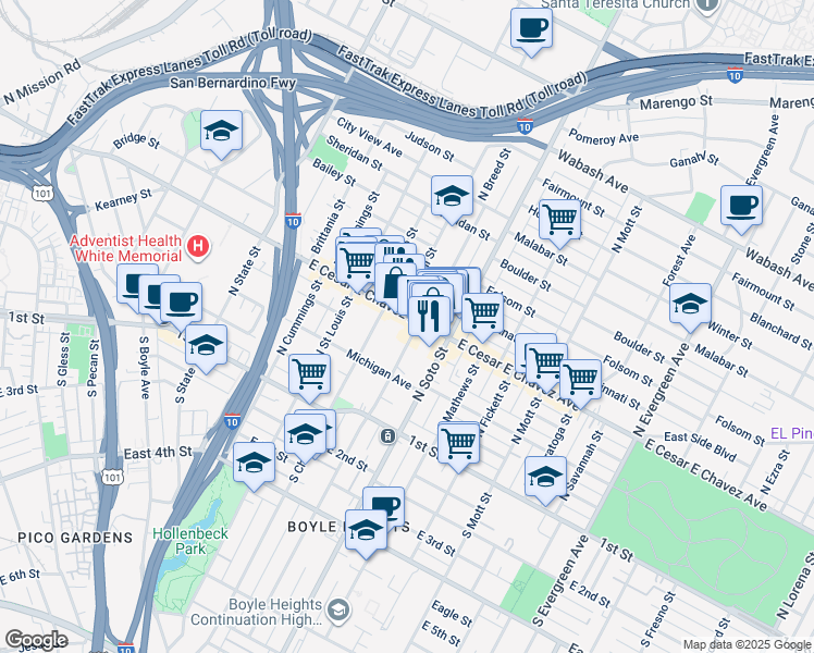 map of restaurants, bars, coffee shops, grocery stores, and more near 2300 East Cesar E Chavez Avenue in Los Angeles