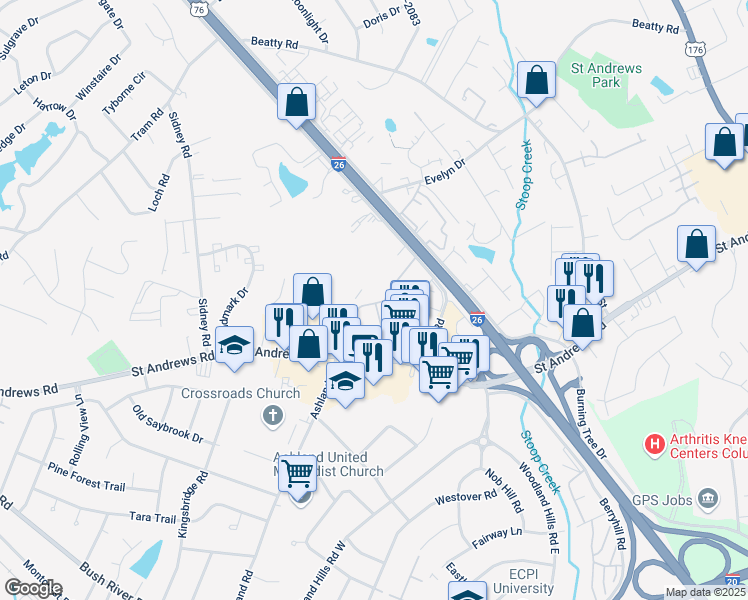 map of restaurants, bars, coffee shops, grocery stores, and more near 54 Kilbrannon Drive in Columbia