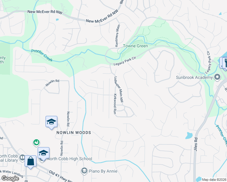 map of restaurants, bars, coffee shops, grocery stores, and more near 3840 Kirkwood Run in Kennesaw