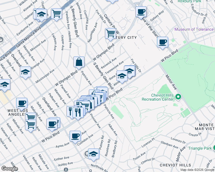 map of restaurants, bars, coffee shops, grocery stores, and more near 2349 South Beverly Glen Boulevard in Los Angeles