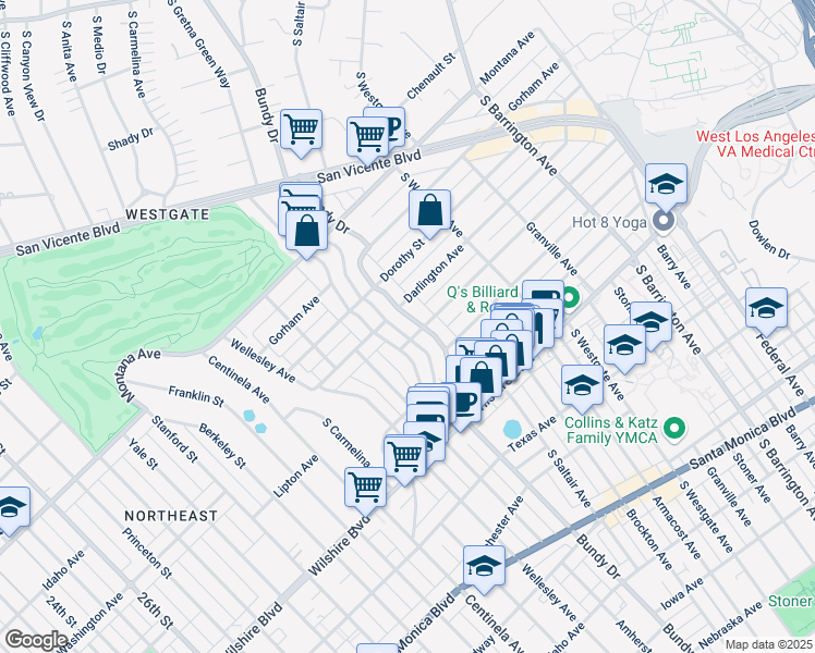 map of restaurants, bars, coffee shops, grocery stores, and more near 971 South Bundy Drive in Los Angeles