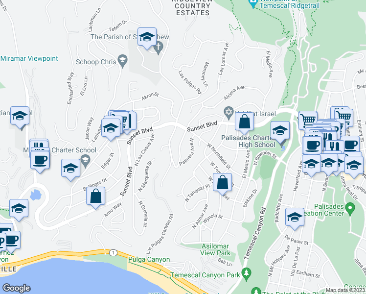 map of restaurants, bars, coffee shops, grocery stores, and more near 646 Las Lomas Avenue in Los Angeles