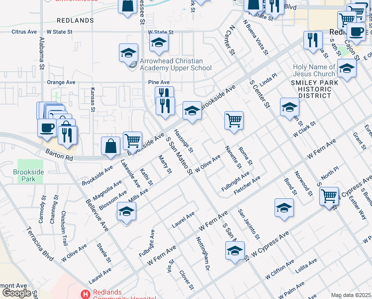 map of restaurants, bars, coffee shops, grocery stores, and more near 123 South San Mateo Street in Redlands