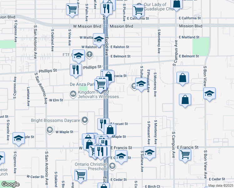 map of restaurants, bars, coffee shops, grocery stores, and more near 130 East Budd Street in Ontario