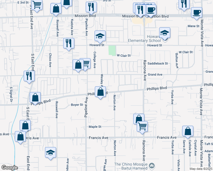 map of restaurants, bars, coffee shops, grocery stores, and more near 4235 Monte Verde Avenue in Pomona