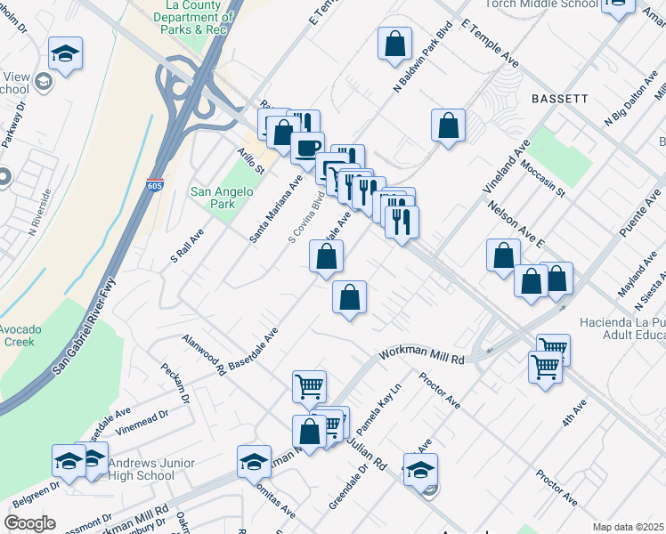 map of restaurants, bars, coffee shops, grocery stores, and more near 230 South Collwood Avenue in Avocado Heights