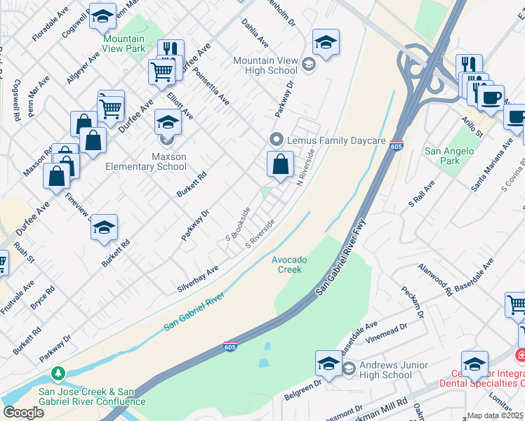 map of restaurants, bars, coffee shops, grocery stores, and more near Redwood in El Monte