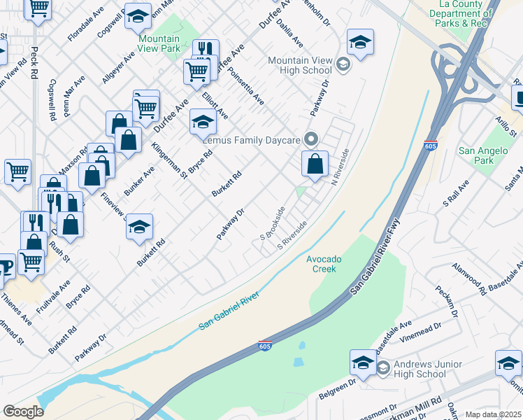 map of restaurants, bars, coffee shops, grocery stores, and more near 12620 Felipe Street in El Monte