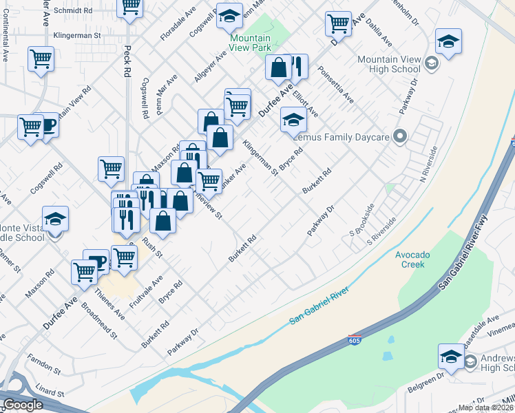 map of restaurants, bars, coffee shops, grocery stores, and more near 2248 Bryce Road in El Monte