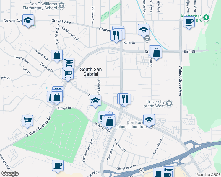 map of restaurants, bars, coffee shops, grocery stores, and more near 8103 Wagon Wheel Court in Rosemead