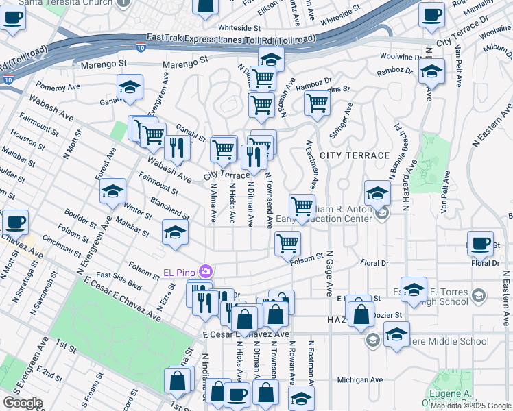 map of restaurants, bars, coffee shops, grocery stores, and more near 936 North Ditman Avenue in Los Angeles