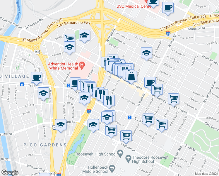 map of restaurants, bars, coffee shops, grocery stores, and more near 2010 Michigan Avenue in Los Angeles