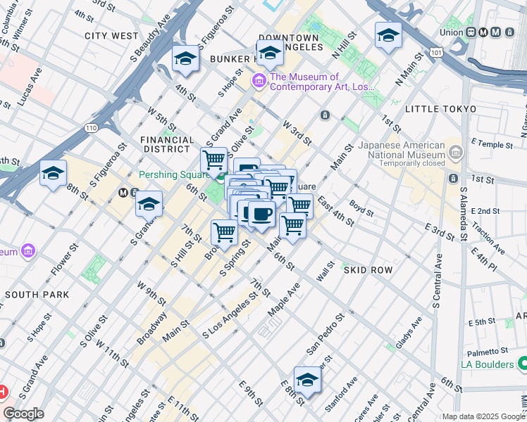 map of restaurants, bars, coffee shops, grocery stores, and more near 534 South Broadway in Los Angeles
