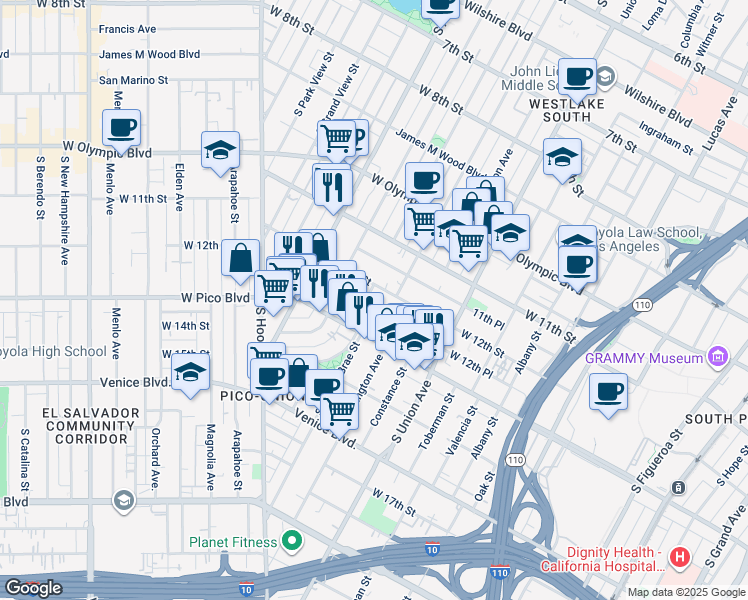map of restaurants, bars, coffee shops, grocery stores, and more near 1222 South Bonnie Brae Street in Los Angeles