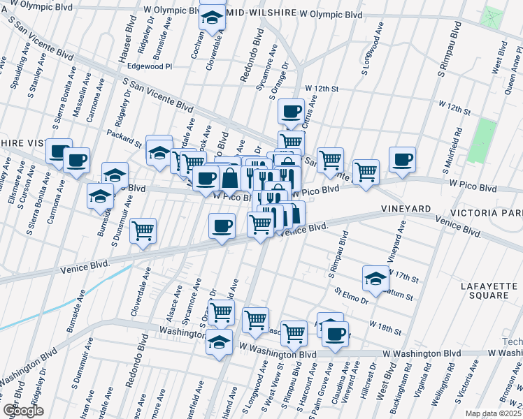 map of restaurants, bars, coffee shops, grocery stores, and more near 1439 South La Brea Avenue in Los Angeles