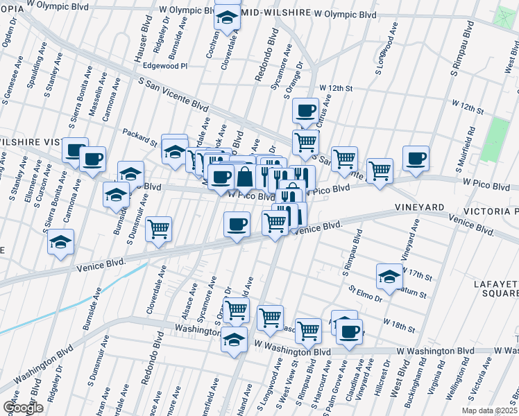 map of restaurants, bars, coffee shops, grocery stores, and more near 1426 South Orange Drive in Los Angeles