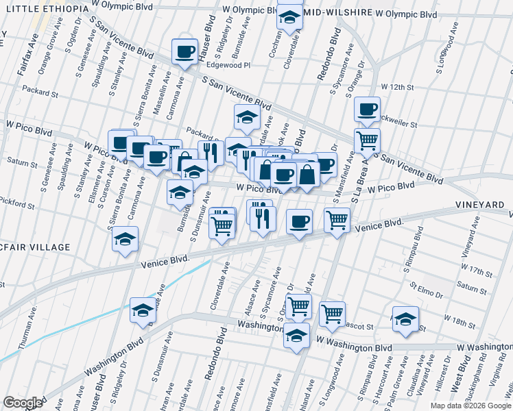 map of restaurants, bars, coffee shops, grocery stores, and more near 1449 Meadowbrook Avenue in Los Angeles
