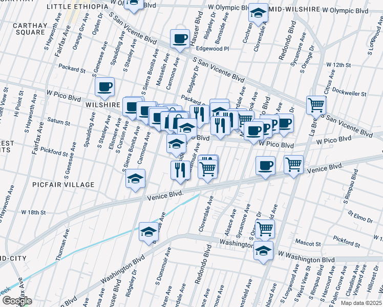 map of restaurants, bars, coffee shops, grocery stores, and more near 1445 South Dunsmuir Avenue in Los Angeles