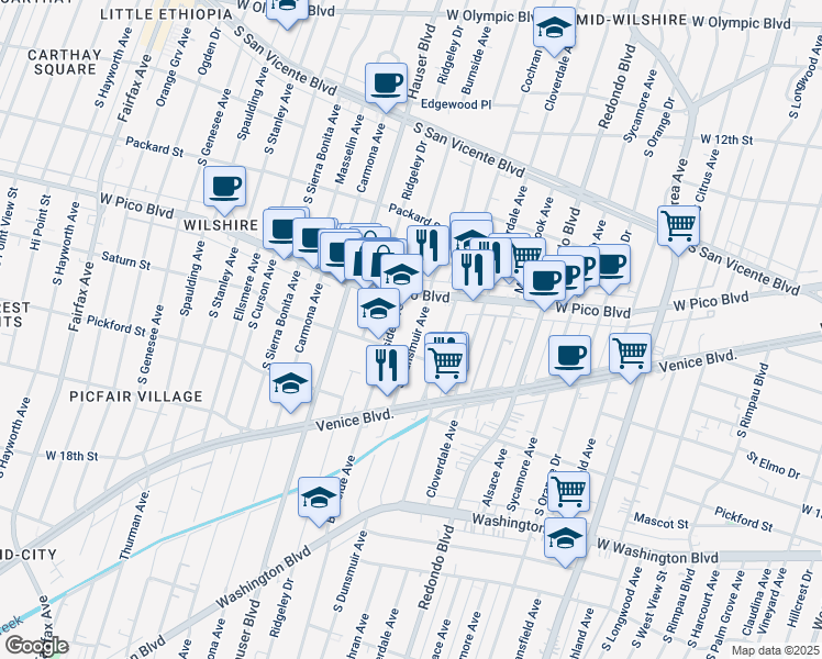 map of restaurants, bars, coffee shops, grocery stores, and more near 1445 South Dunsmuir Avenue in Los Angeles