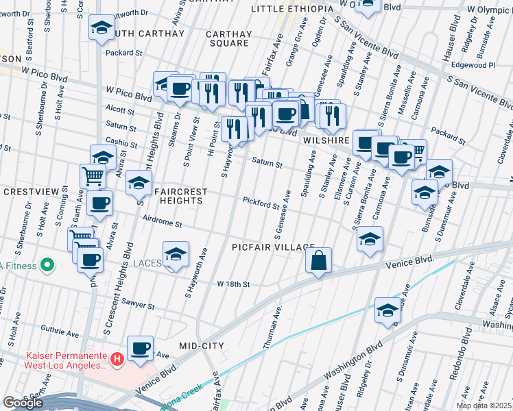 map of restaurants, bars, coffee shops, grocery stores, and more near 1606 South Orange Grove Avenue in Los Angeles