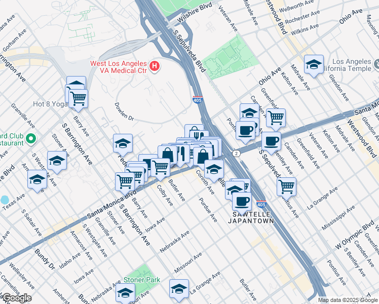 map of restaurants, bars, coffee shops, grocery stores, and more near 1527 Corinth Avenue in Los Angeles