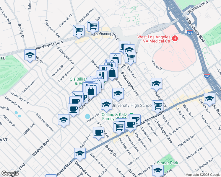 map of restaurants, bars, coffee shops, grocery stores, and more near 1222 South Westgate Avenue in Los Angeles
